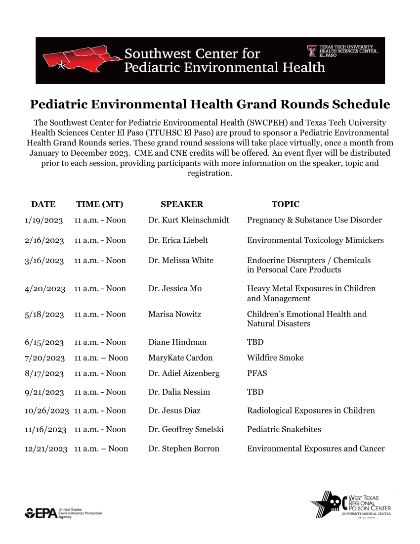Pediatric Environmental Health Grand Rounds Schedule 2023